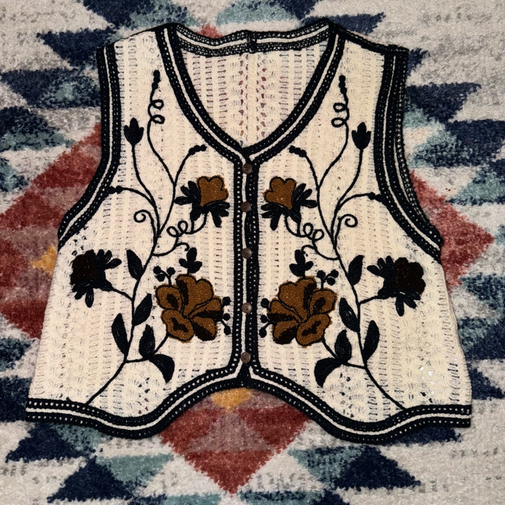 SHEIN White Crochet Vest with Black and Brown Floral Embroidery